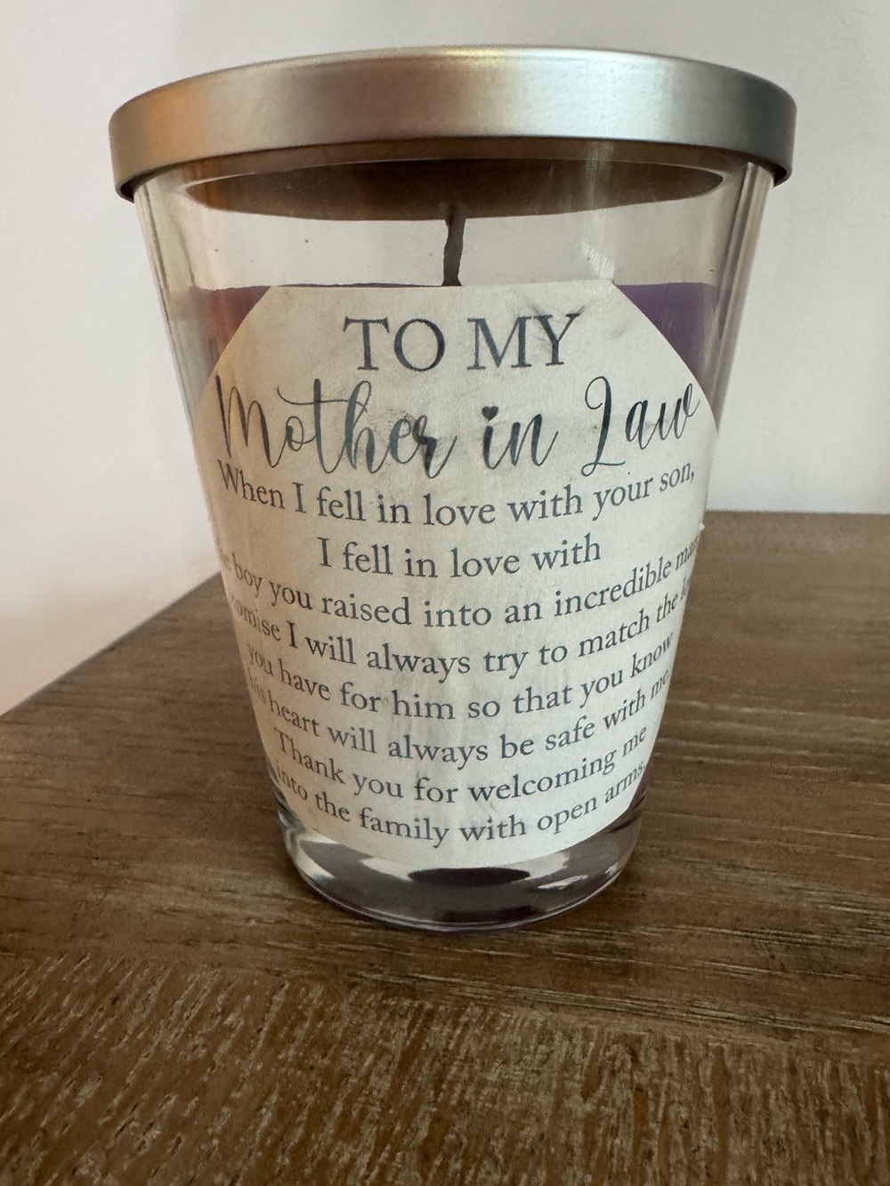 Mother-in-Law Sentiment Glass Candle - Purple